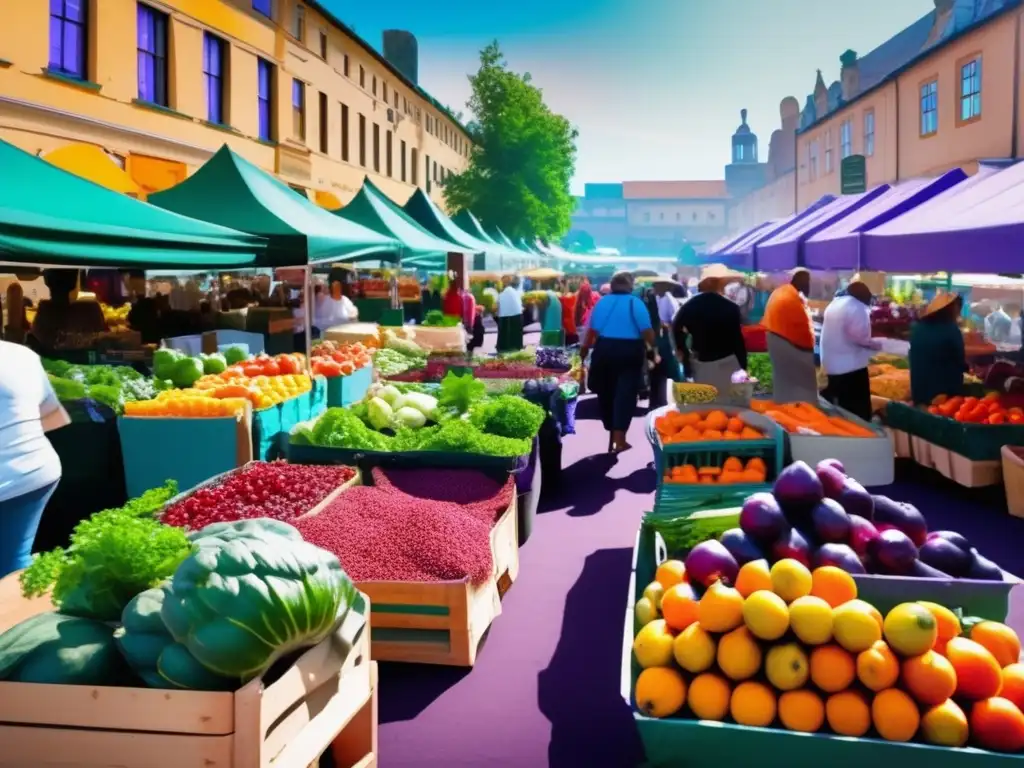 Mercado de agricultores vibrante y colorido Alimentación saludable en mercado vibrante con frutas frescas, verduras y hierbas aromáticas