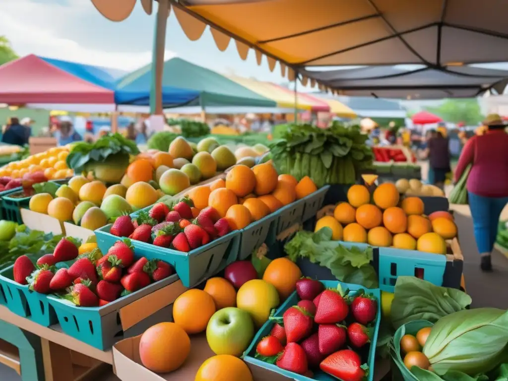 Mercado de agricultores vibrante con frutas y verduras frescas Escena vibrante de un mercado lleno de frutas y verduras frescas, ¡dieta saludable para viajeros senior!