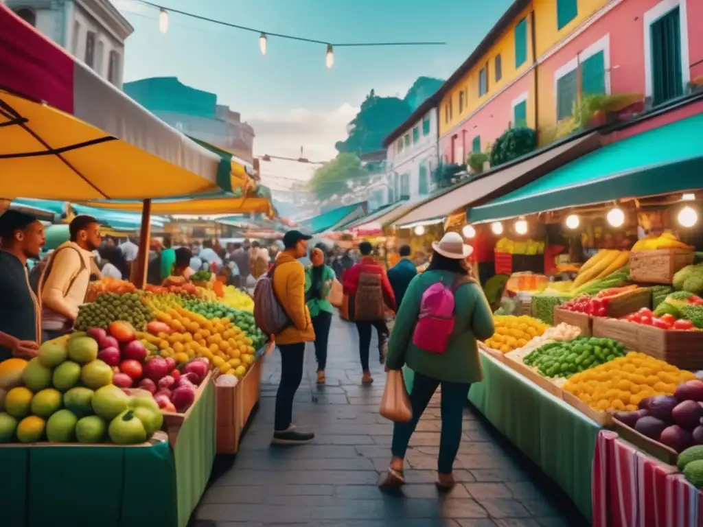 Mercado de alimentos colorido en ciudad llena de aventureros Grupo de viajeros aventureros en colorido mercado de alimentos en ciudad bulliciosa - Planificación de comidas saludables viaje caravana