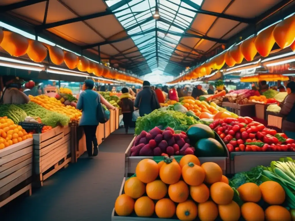 Mercado de alimentos vibrante y colorido Consejos para comer saludable en viajes: Mercado vibrante con frutas frescas, vegetales coloridos y gente diversa