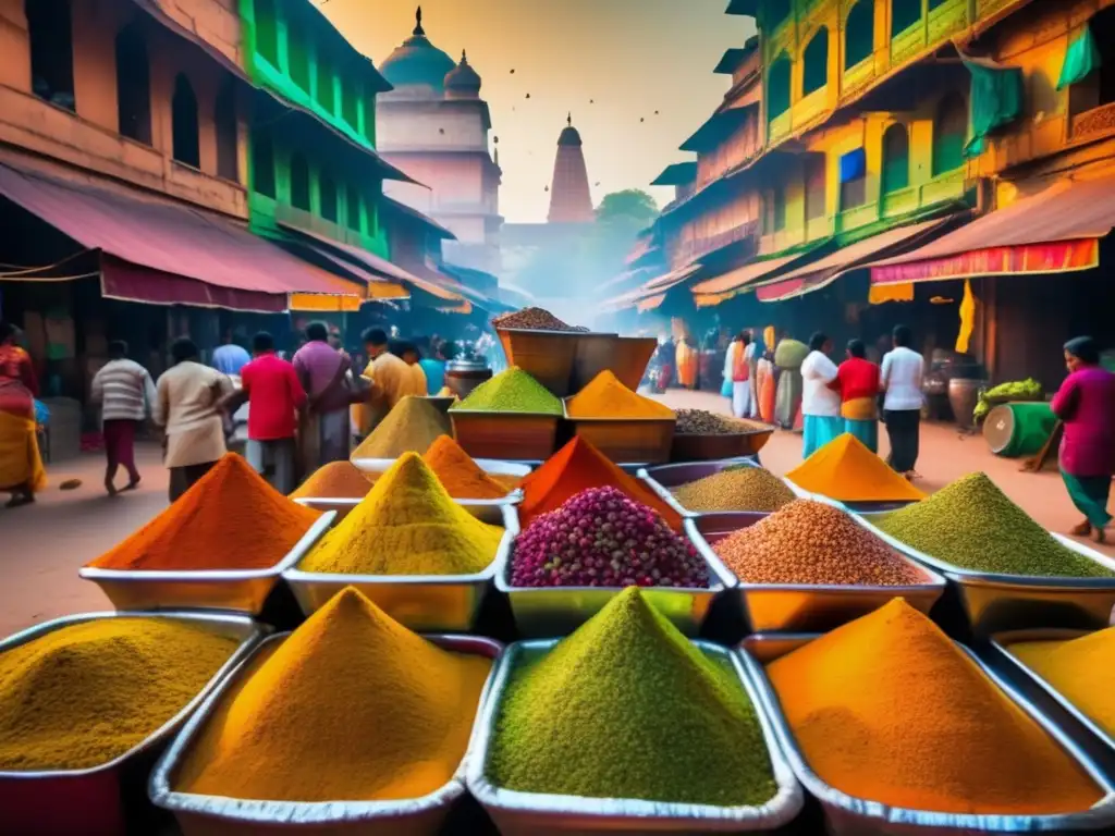 Aventuras culinarias en India: Un mercado de especias vibrante y cautivador que muestra la rica diversidad culinaria de la India