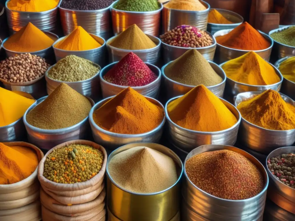 Aventuras culinarias en India: Mercado de especias vibrante con colores y texturas naturales en exhibición