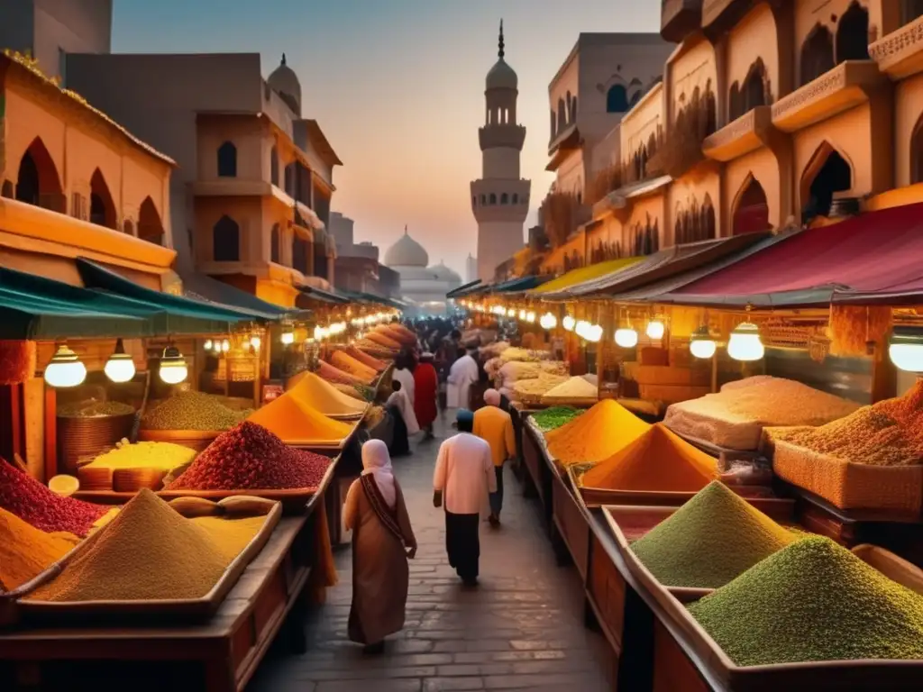 Mercado de especias en el Medio Oriente Guía seguridad viajeros seniors Medio Oriente - Mercado de especias vibrante y colorido en una antigua ciudad con arquitectura majestuosa