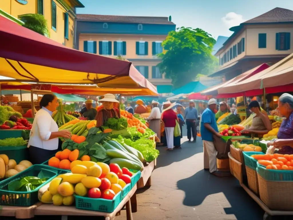 Mercado al aire libre con frutas y verduras coloridas Escena vibrante de un mercado al aire libre con frutas y verduras coloridas, promoviendo nutrición saludable para viajeros senior activos