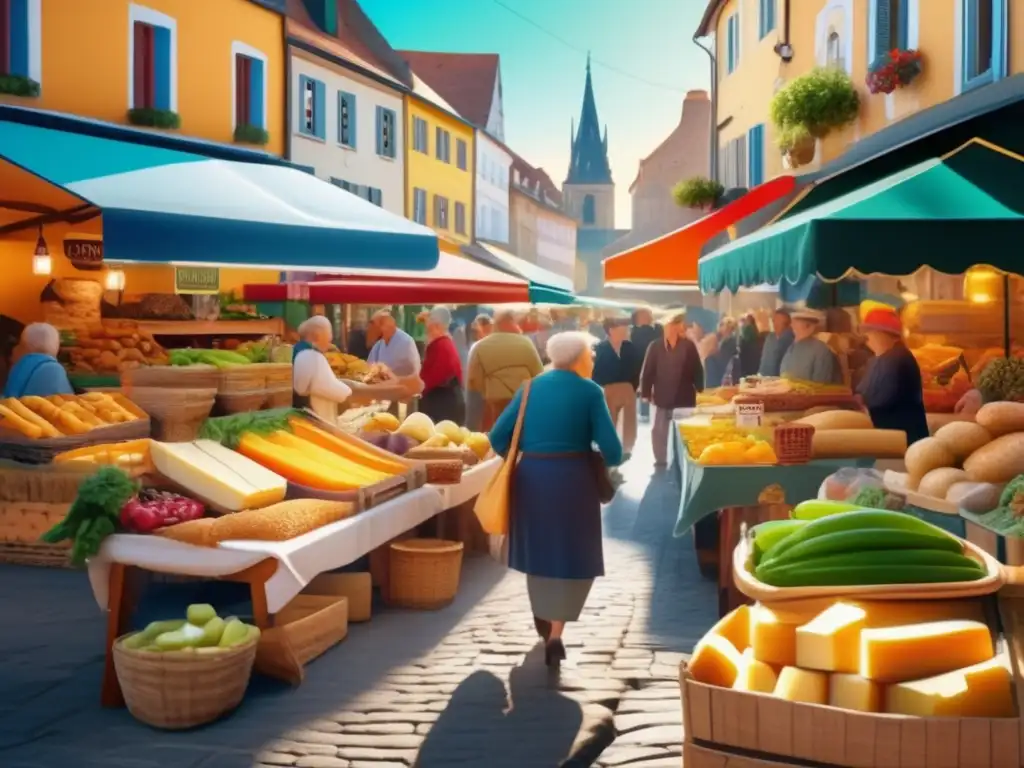 Mercado vibrante en pintoresco pueblo europeo Escena vibrante de mercado local en encantador pueblo europeo: Viajes en tren para mayores: Rutas espectaculares