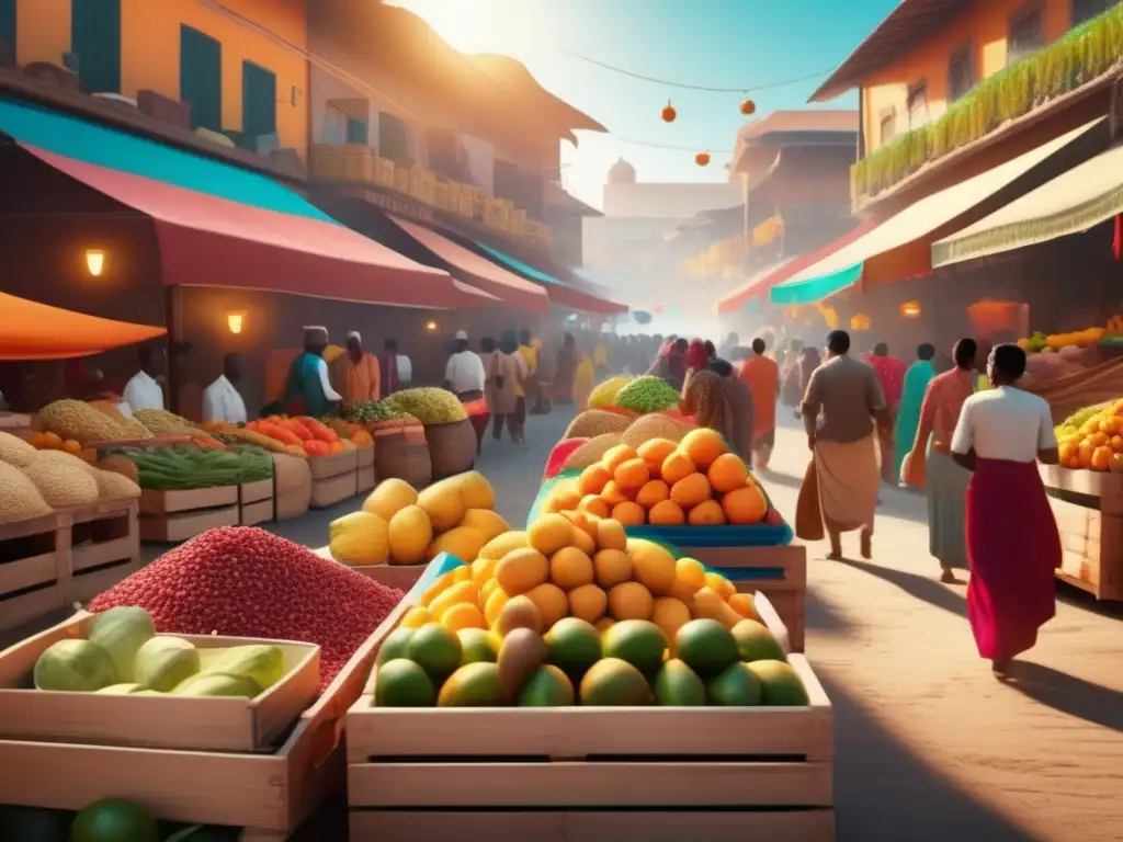 Mercado exótico lleno de vida Mercado exótico con frutas, verduras y especias coloridas