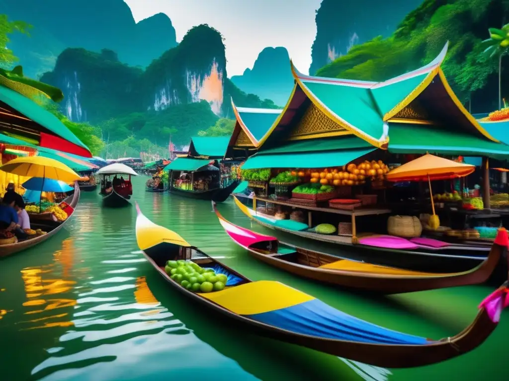 Escena serena en mercado flotante de Tailandia Viajes seguros para seniors en Asia: Mercado flotante en Tailandia, exóticas frutas, artesanía tradicional y paisajes impresionantes