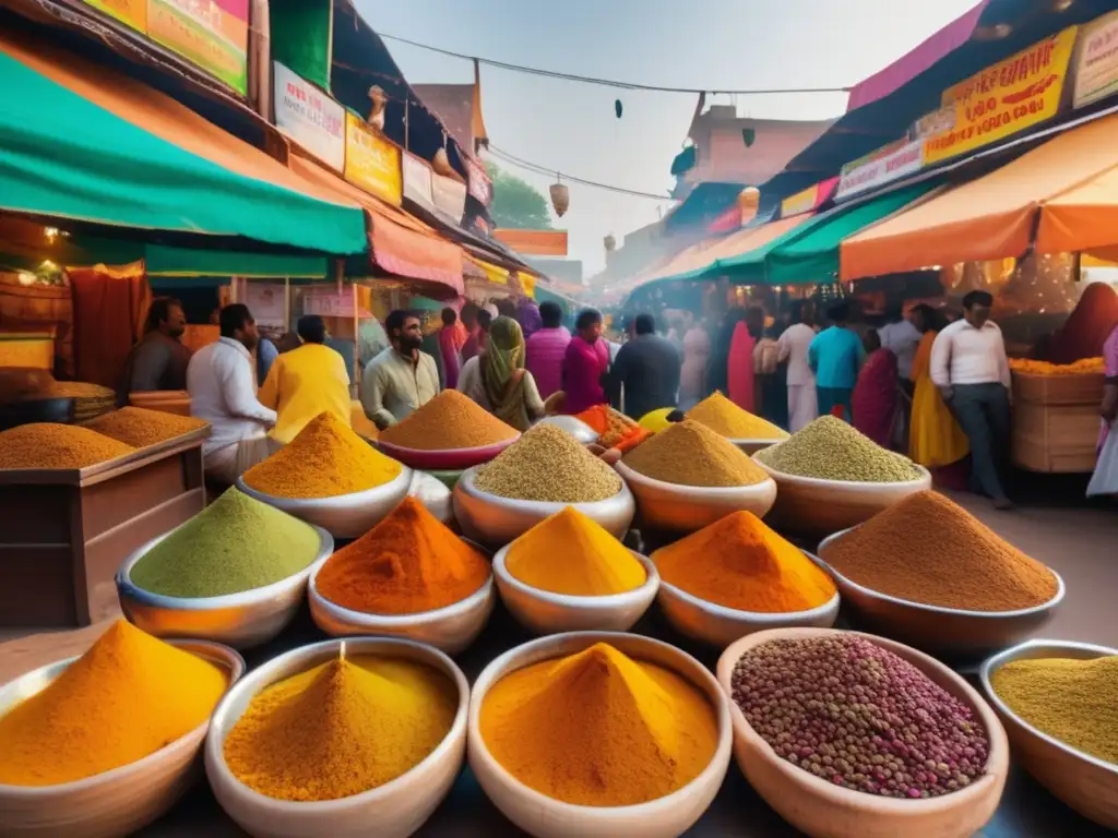 Aventuras culinarias en India: vibrante mercado, especias aromáticas, comida callejera tentadora, biryani delicioso