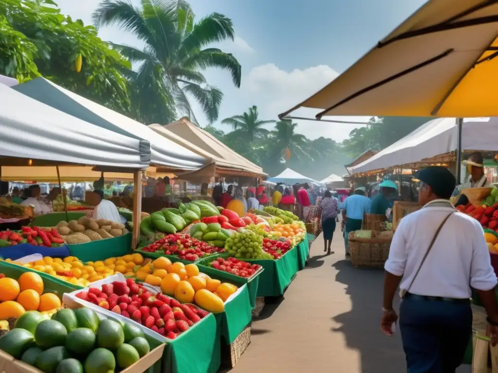 Mercado local lleno de vida y colores Un vibrante mercado local con frutas frescas, verduras y delicias culinarias, promoviendo consejos para comer saludablemente durante tus viajes