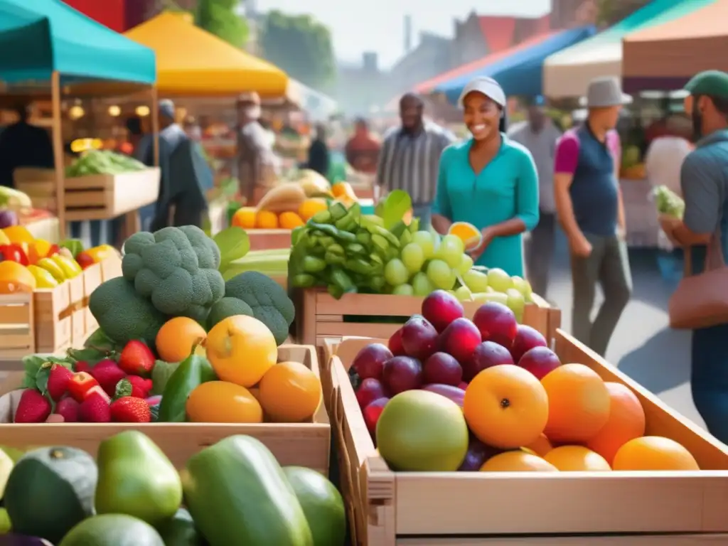 Mercado local vibrante con frutas y verduras coloridas Consejos para comer saludablemente durante tus viajes: escena vibrante de un mercado local con frutas y verduras coloridas en cajas de madera