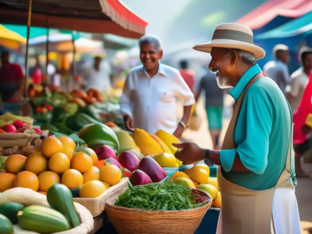 Mercado local vibrante con comida saludable An image of a vibrant local market with fresh produce, showcasing nutritious choices for senior travelers