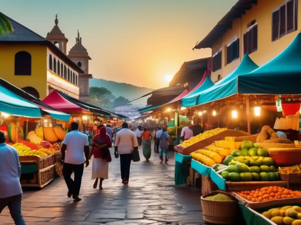 Mercado vibrante con frutas exóticas, especias y artesanías tradicionales Mercado local vibrante con frutas exóticas, especias aromáticas y artesanías tradicionales