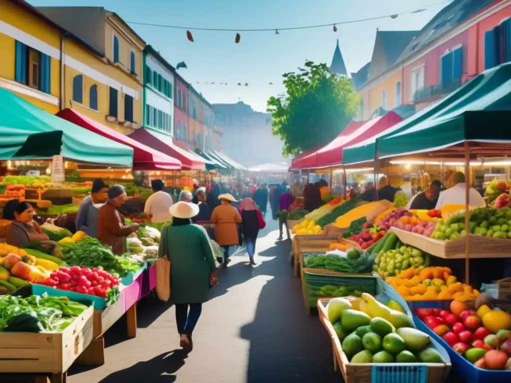 Mercado local lleno de frutas y verduras frescas Escena de mercado local con frutas, verduras y productos frescos, ideal para viajeros senior y alimentación saludable