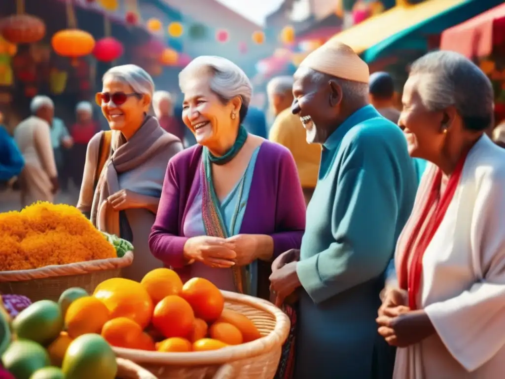 Seniors disfrutando mercado multicultural Aventuras culturales para seniors en Viajes Senior en mercado vibrante de colores, aromas y diversidad