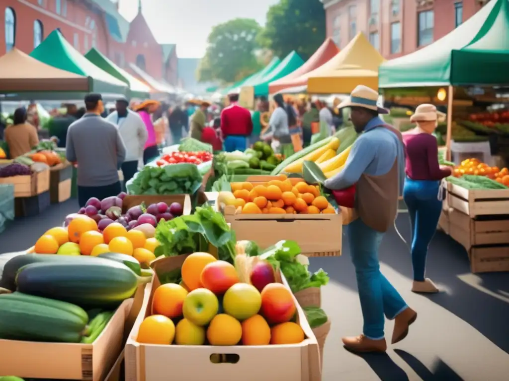 Mercado de agricultores vibrante con frutas y verduras saludables Mercado agrícola vibrante con frutas y verduras saludables, consejos para mantener dietas vegetarianas y veganas en ruta