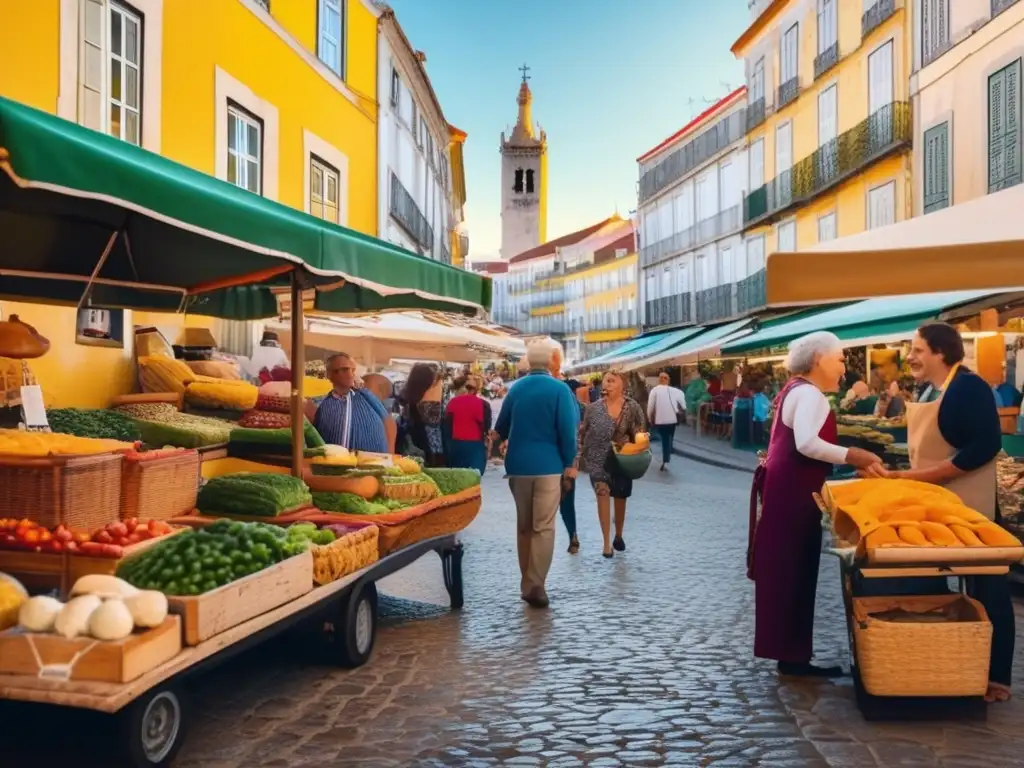 Escena gastronómica vibrante de Lisboa Escena vibrante de comida en Lisboa, con puestos de mercado coloridos llenos de productos frescos y delicias portuguesas