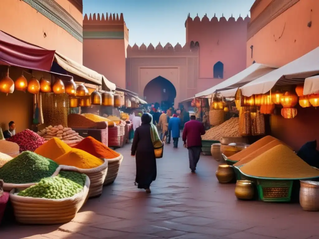 Mercado tradicional en Marrakech, Marruecos Mercados en Marruecos: colorido y animado, con especias, frutas, artesanías, y arquitectura tradicional