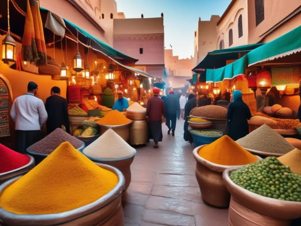 Mercado tradicional marroquí vibrante Mercados tradicionales en Marruecos: Un vibrante souk marroquí lleno de colores, aromas y texturas