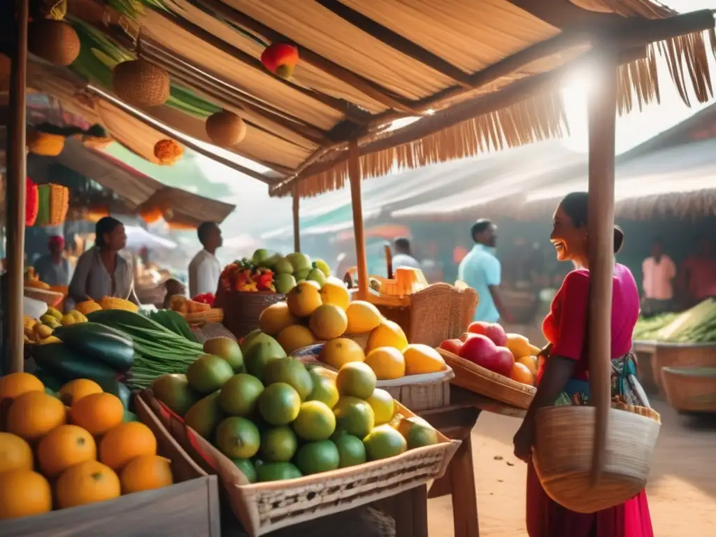 Mercado tropical: frutas, verduras y especias coloridas Cultura alimentaria saludable en viajes: mercado tropical vibrante con frutas, verduras y especias coloridas, vendedor local sonriente