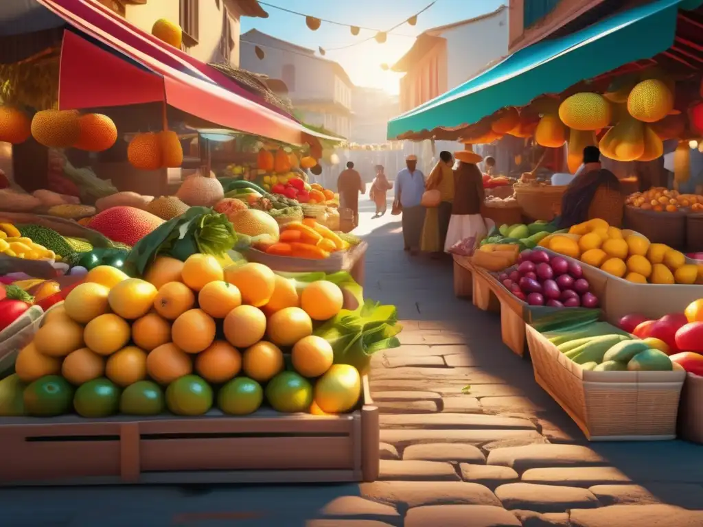 Mercado vibrante en una ciudad extranjera Consejos para mantener una mentalidad positiva en los viajes: vibrante mercado con frutas, verduras, textiles y locales animados