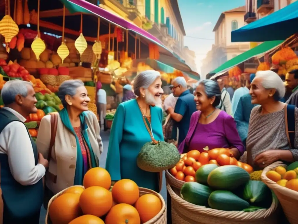 Grupos de viajeros mayores en mercado colorido Consejos seguros para viajeros seniors en vibrante mercado extranjero