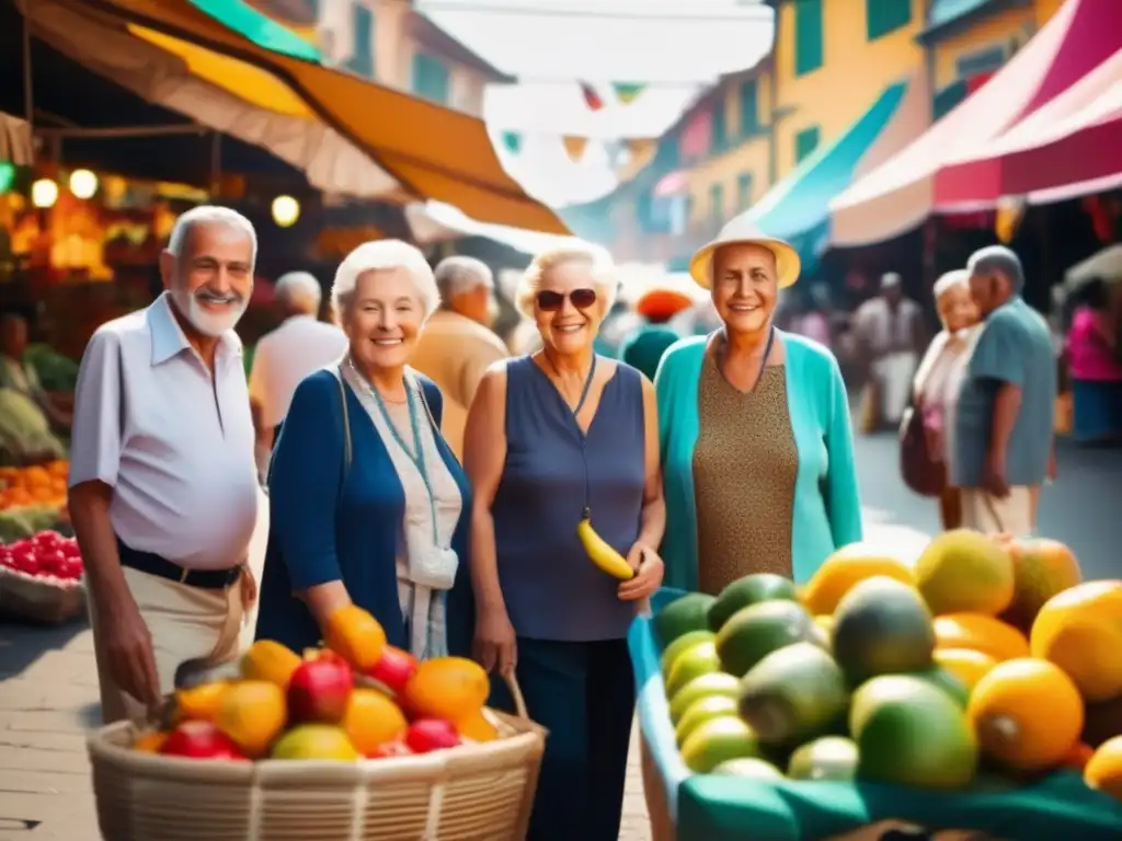 Seniors exploring vibrant market in foreign country Beneficios viajes culturales seniors: Grupo de mayores en mercado vibrante, interactuando con locales y disfrutando de la cultura