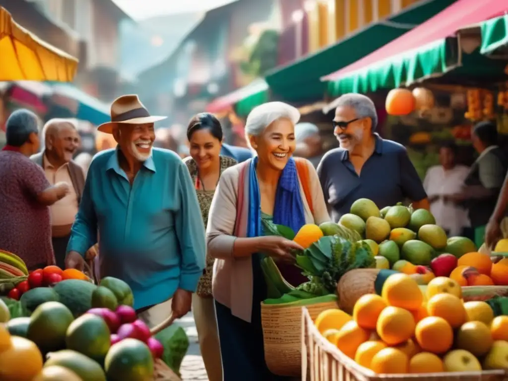 Vibrante mercado local con adultos mayores explorando Grupo de adultos mayores disfrutando mercado local en ciudad extranjera - Beneficios de viajar para adultos mayores