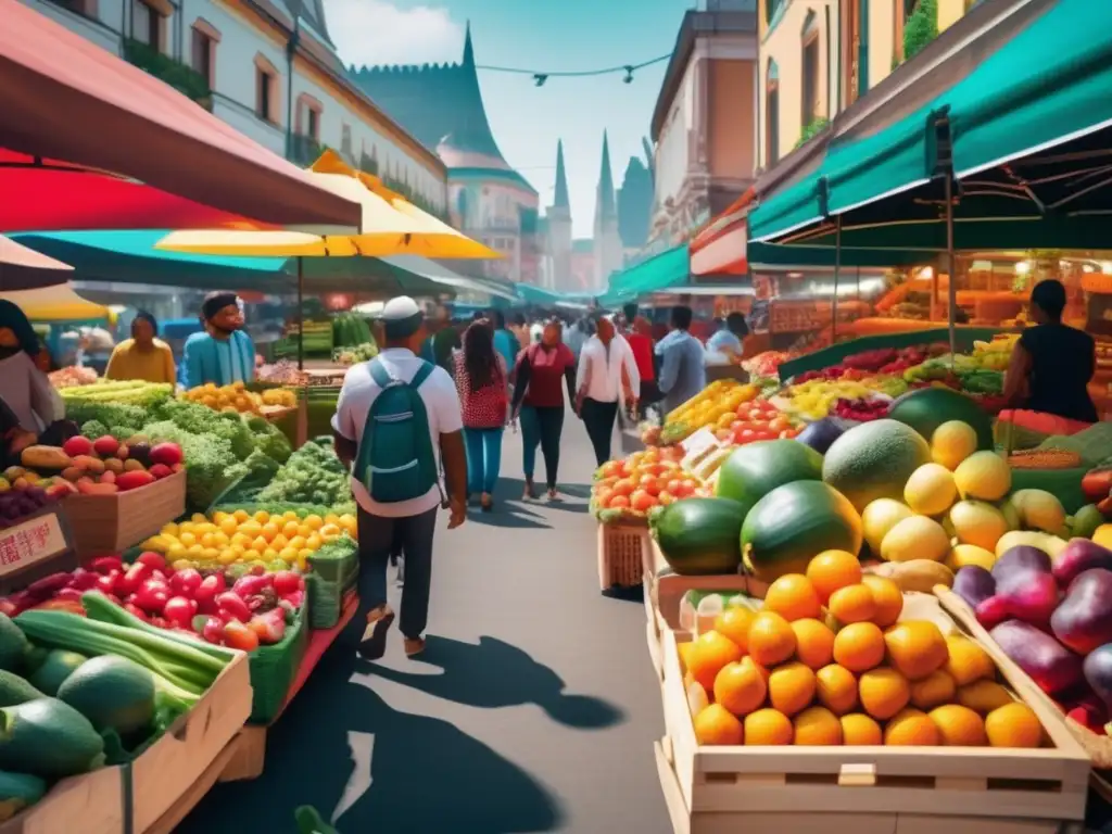 Mercado lleno de frutas y verduras coloridas Mercado vibrante con alimentos energéticos para viajeros