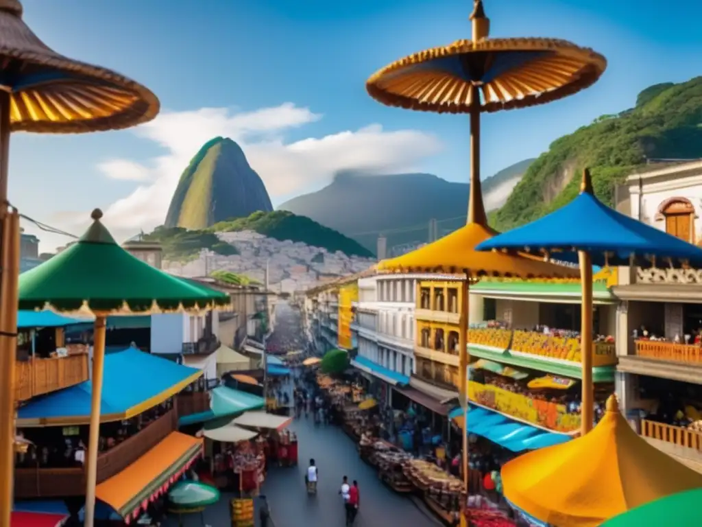 Mercado vibrante de artesanías en Rio de Janeiro Experiencias seguras en Rio de Janeiro: vibrante mercado con artesanías únicas, colores vibrantes y la imponente estatua del Cristo Redentor