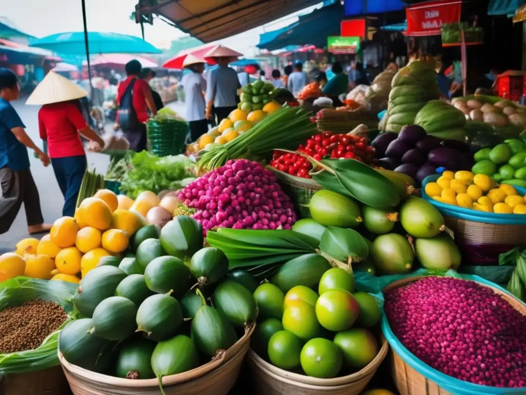 Mercado local vibrante y colorido en Vietnam Experiencias culinarias vietnamitas en un bullicioso mercado local