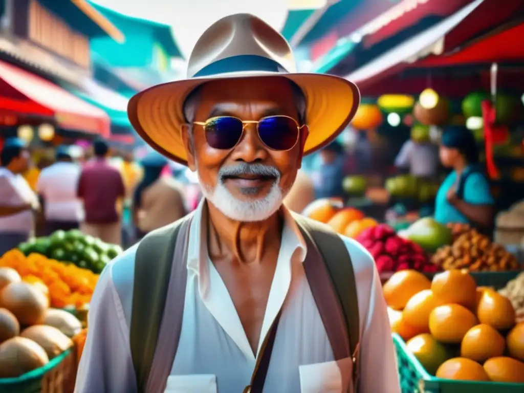 Cultura vibrante en un mercado asiático Un viajero maduro disfruta de un vibrante mercado asiático rodeado de frutas exóticas, especias y artesanías