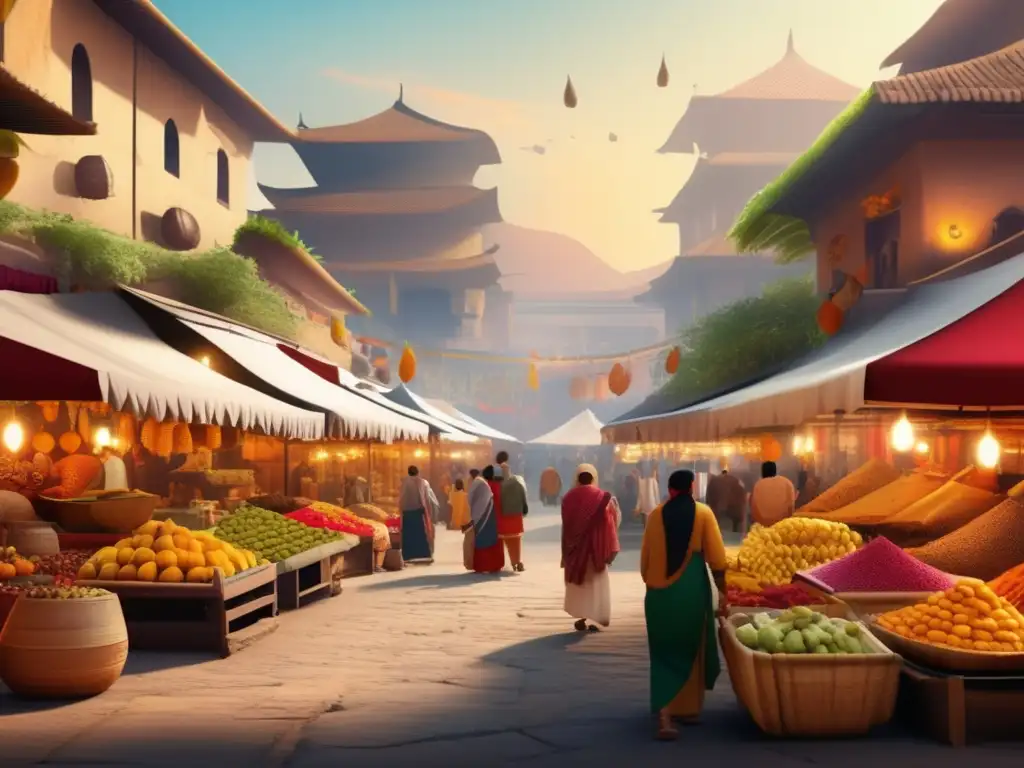 Mercado antiguo lleno de vida Viajes en familia con historias: vibrante mercado antiguo con frutas exóticas, especias, artesanías y conversaciones animadas