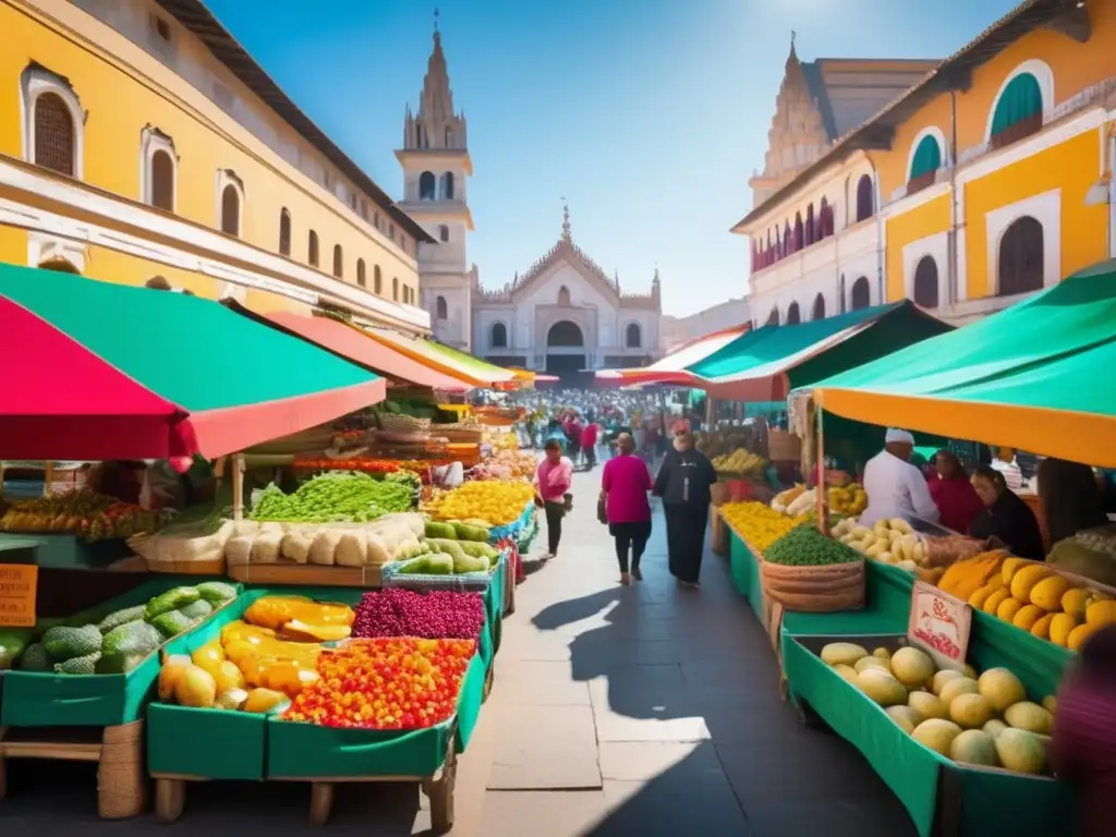 Alegre mercado local con productos frescos y artesanías coloridas Mercado local vibrante y animado con productos frescos, artesanías y gastronomía local
