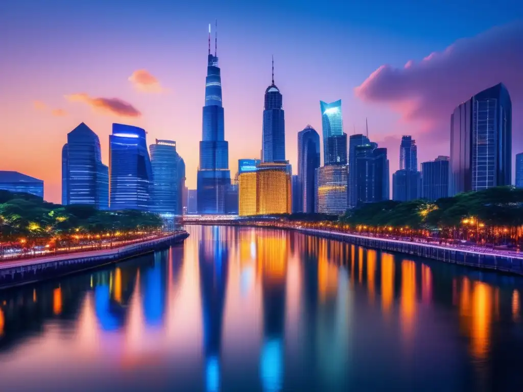 Ciudad moderna al atardecer, con luces vibrantes que iluminan rascacielos y calles bulliciosas