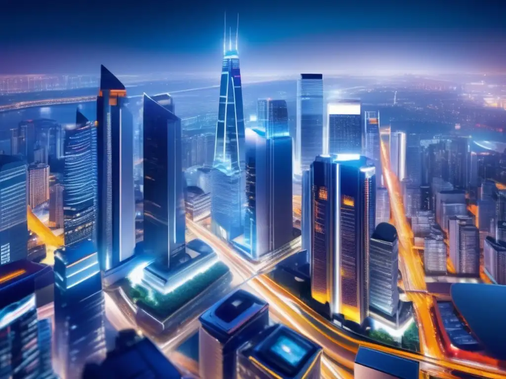 Ciudad moderna nocturna: luces y rascacielos Ciudad moderna y vibrante de noche, con rascacielos iluminados y calles animadas