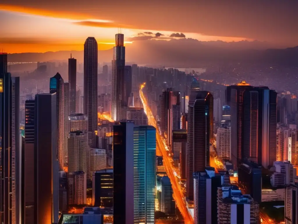 Ciudad vibrante al atardecer Consejos seguridad viajes aventuras: Ciudad al atardecer, rascacielos, transporte público seguro, montañas verdes