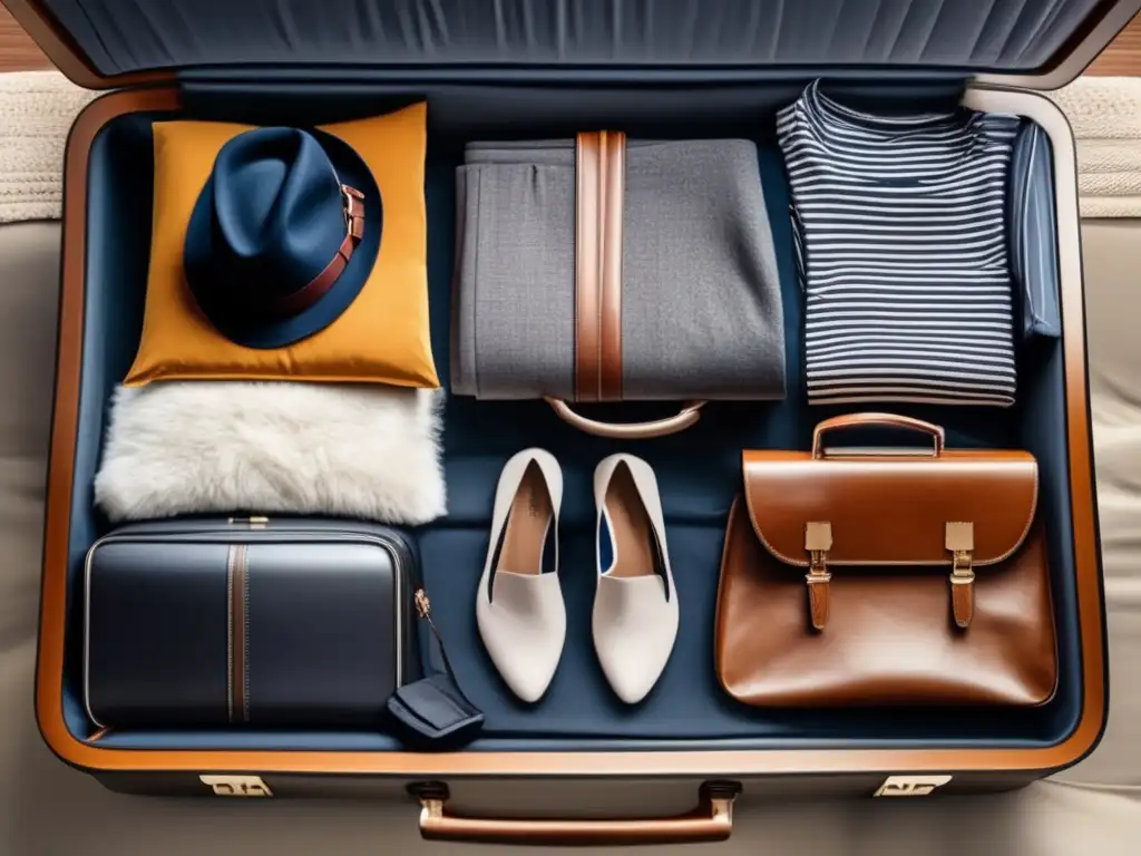Preparativos para un viaje lingüístico Viajero maduro preparándose para un viaje lingüístico con maleta organizada y accesorios esenciales