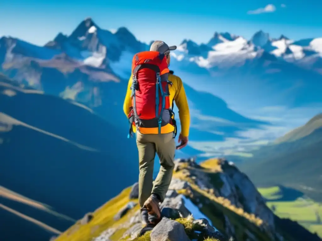 Aventurero en la cima de montaña Viajero maduro en la cima de una montaña, rodeado de paisajes impresionantes