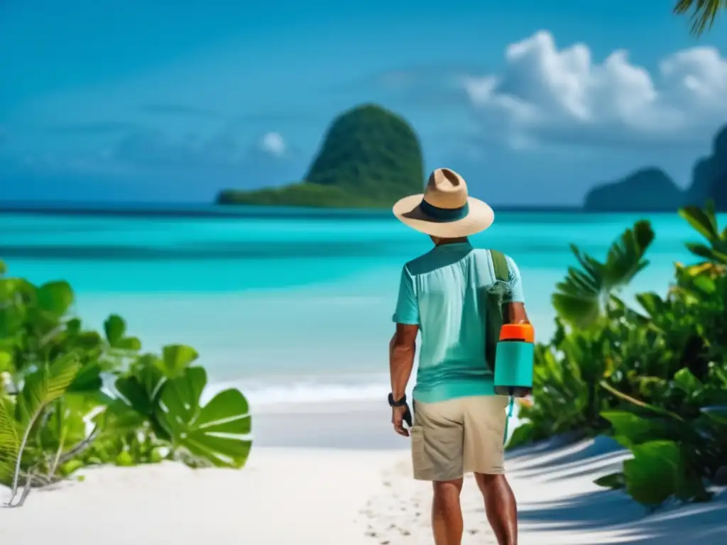 Viajero preparado en playa tropical Consejos saludables para viajeros maduros en una playa tropical con atardecer y precauciones de salud