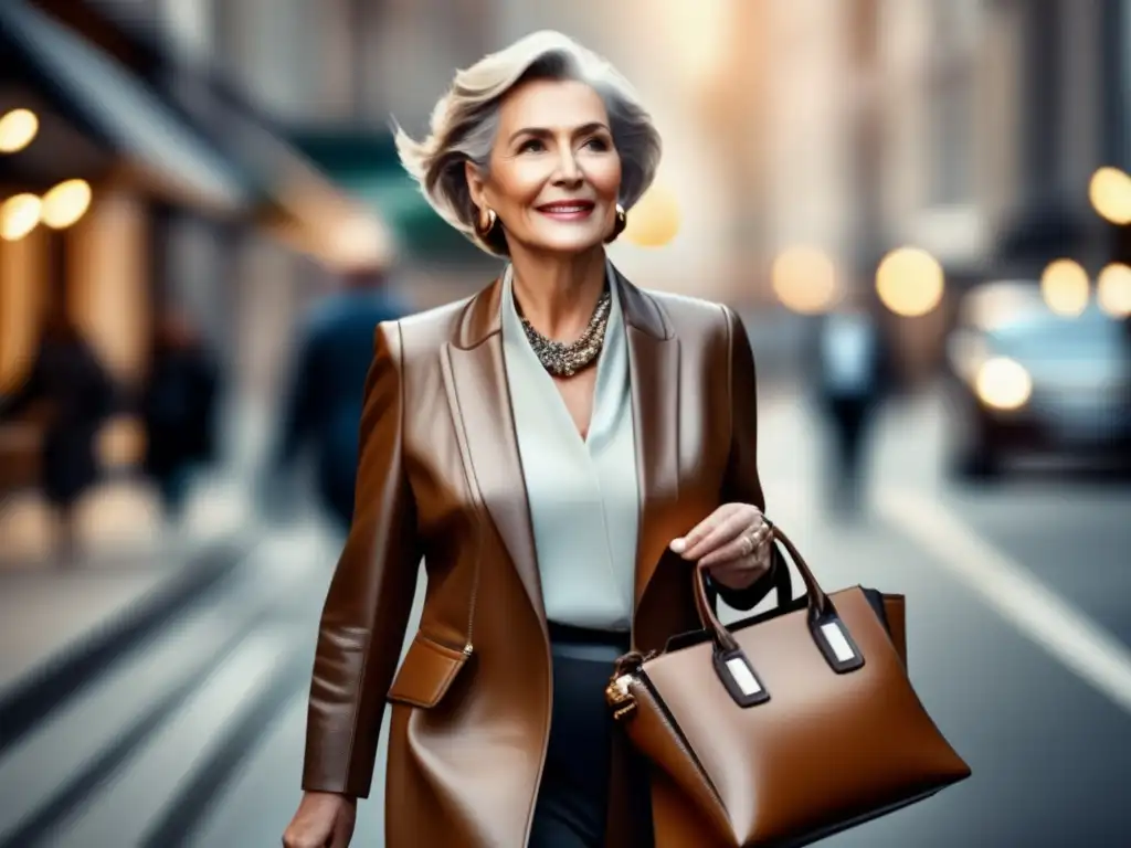 Mujer mayor elegante con bolso de cuero Moda viaje senior chic: mujer mayor elegante paseando por la ciudad con bolso de cuero, joyas y pañuelo de seda