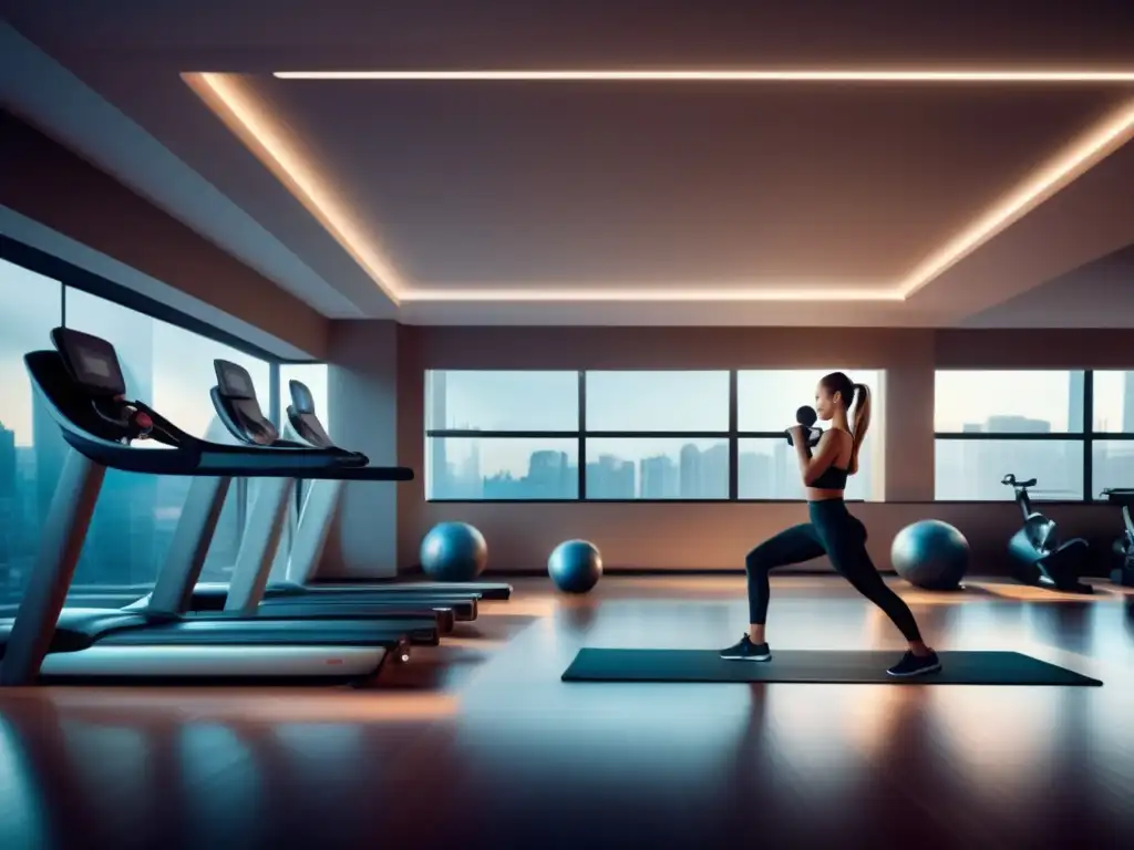 Gimnasio moderno con equipo de ejercicio de última generación Gimnasio moderno con equipo de ejercicio de última generación, destacando la importancia de ejercicios previos al viajar