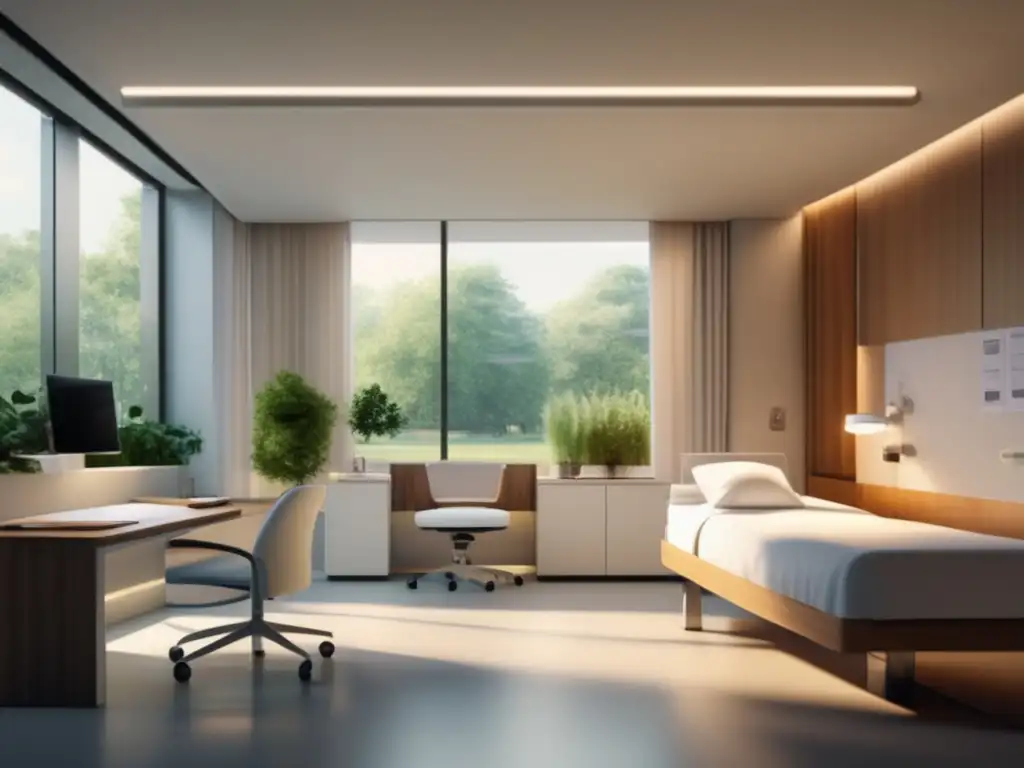 Hospital moderno con habitación bien diseñada y ambiente relajado Una habitación hospitalaria moderna y espaciosa con luz natural, arte calmante y una vista serena al jardín