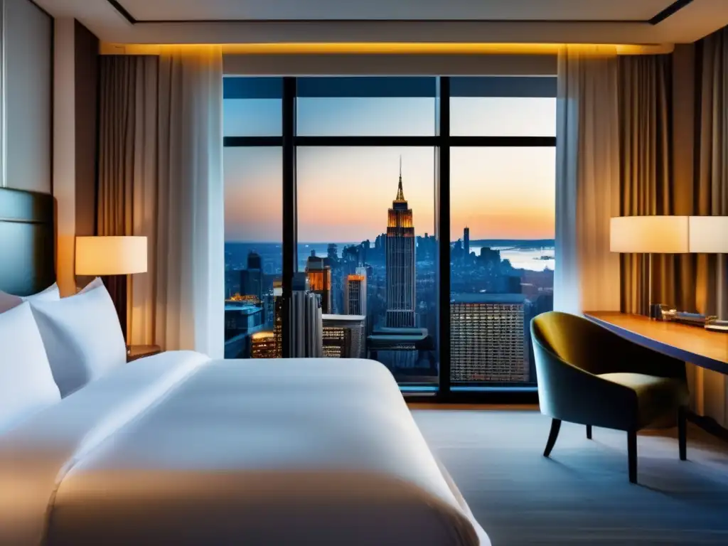 Habitación de hotel moderna con vista panorámica a la ciudad Habitación de hotel moderna con vista panorámica a la ciudad