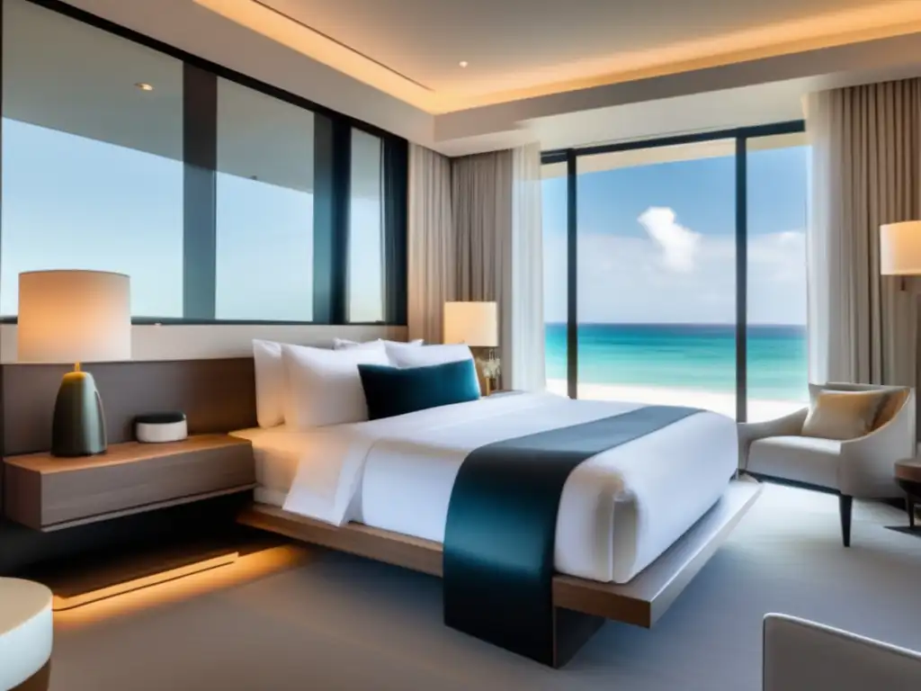 Habitación de hotel moderna y segura con vista a la playa Habitación hotel moderna, minimalista y segura para viajero senior