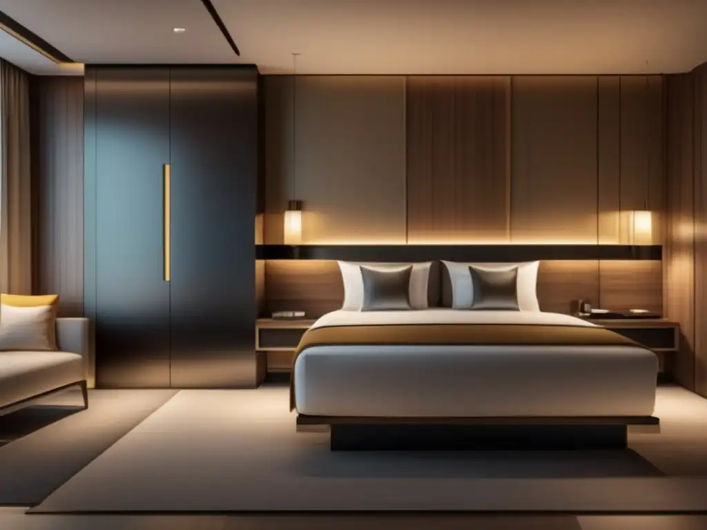 Consejos seguridad información personal viaje: Habitación de hotel moderna con diseño minimalista, iluminación natural y caja fuerte de acero