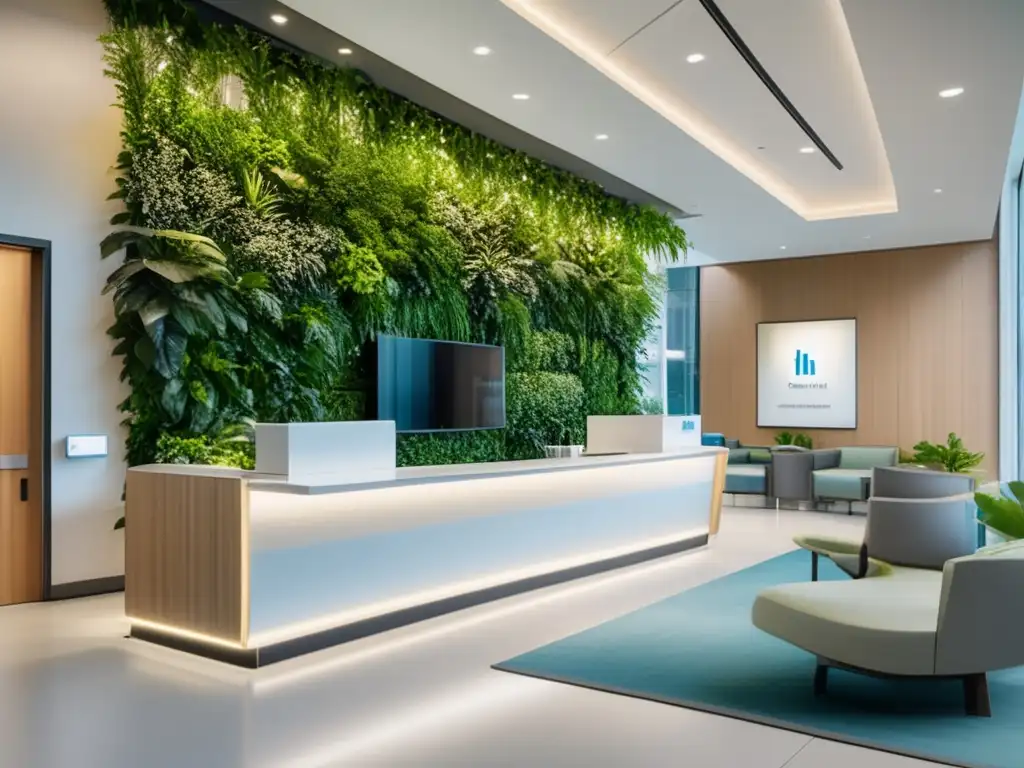 Recepción moderna de hospital con diseño minimalista y ventanas de piso a techo