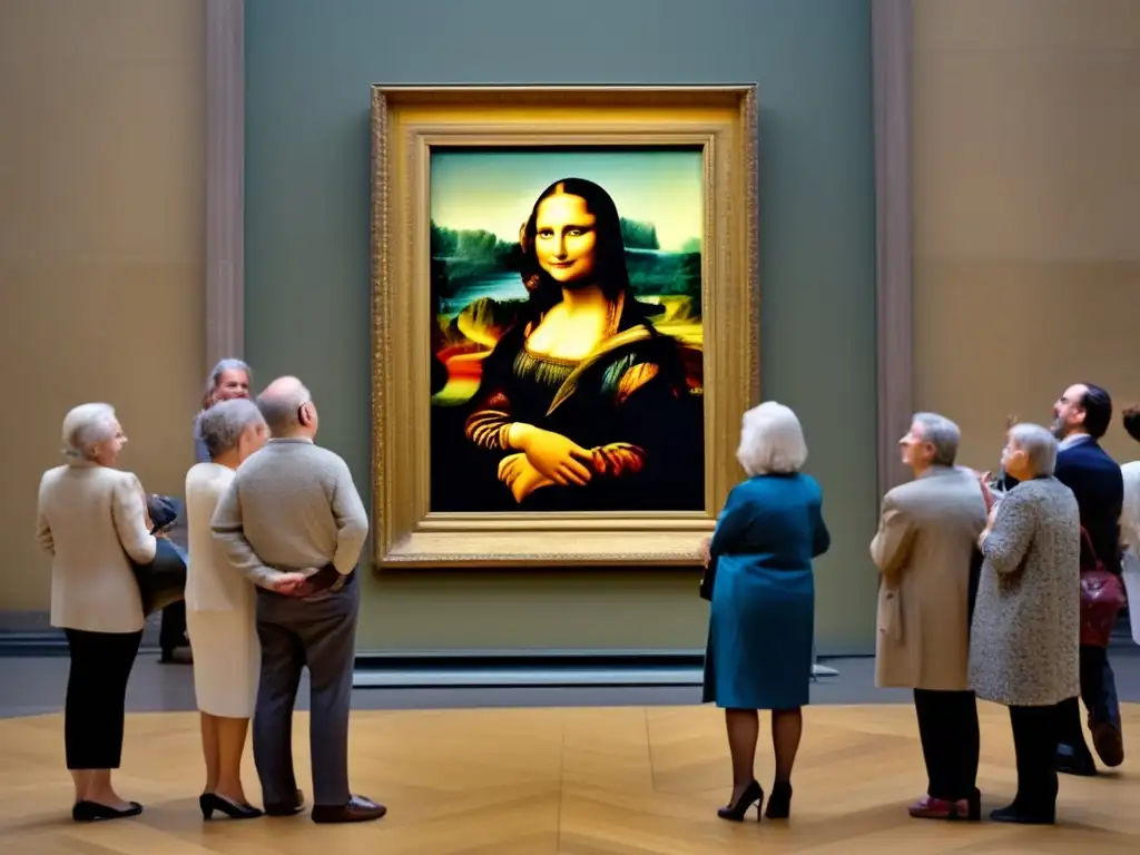 Multitud admirando Mona Lisa en el Louvre Experiencia enriquecedora: grupo de adultos mayores admirando la Mona Lisa en el Louvre