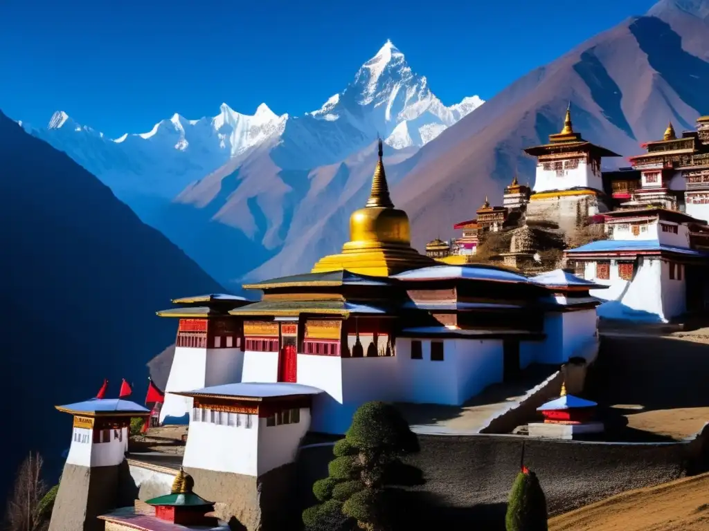 Monasterio budista en el Himalaya Retiros de meditación en Nepal: Monasterio budista en los Himalayas con majestuosas montañas nevadas y vibrantes banderas de oración