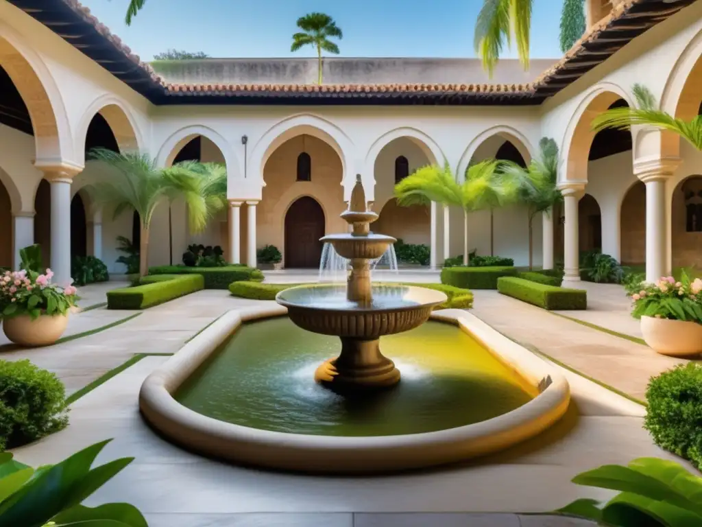 Retiro de meditación en monasterio Retiro de meditación en España: Monasterio tradicional restaurado con patio sereno, vegetación exuberante y arcos de piedra históricos