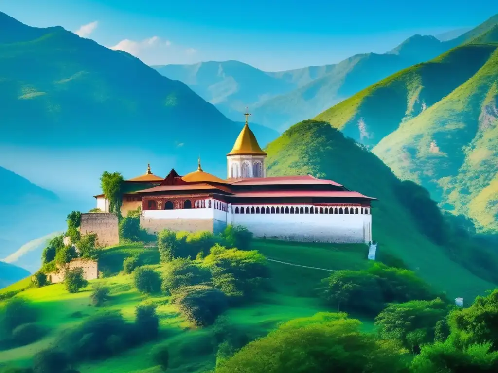 Un monasterio sereno en las montañas Destinos culturales tranquilos para seniors: Monasterio sereno y aislado rodeado de montañas verdes y hermosos paisajes